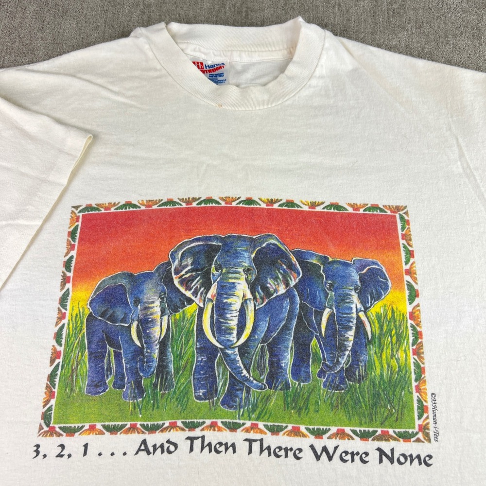 Vintage Human-i-Tees T-Shirt Mens Large White 1993 Elephant‎ Conservation 90s